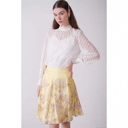 白色菱纹提花乔其纱高领白衬衣 商品图0