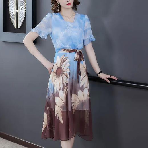 AHM-qyfs9727新款优雅气质收腰显瘦圆领短袖中长款雪纺碎花连衣裙 商品图1