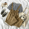 背带裤女韩版学生宽松百搭夏季短袖条纹T恤显瘦九分裤洋气两件套 商品缩略图0