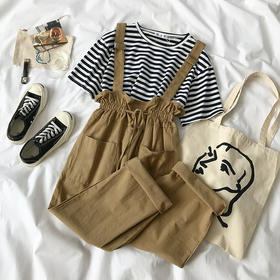 背带裤女韩版学生宽松百搭夏季短袖条纹T恤显瘦九分裤洋气两件套