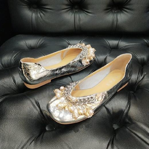 LFGJ  13001 女鞋平底仙女风真皮链条珍珠圆头瓢鞋浅口软底单鞋女 商品图4