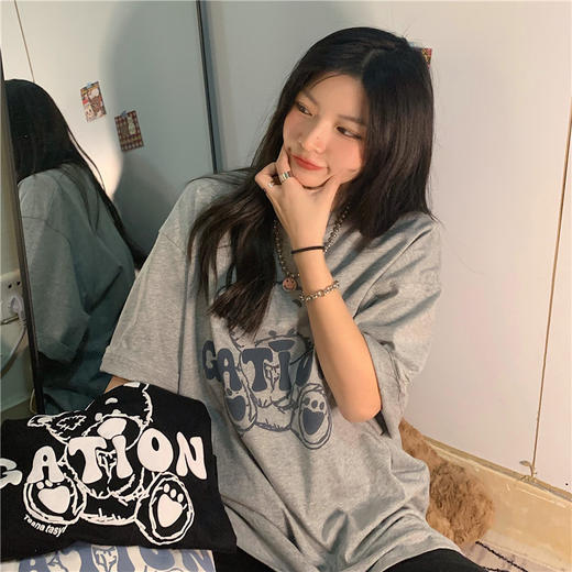 发泡小熊短袖T恤女韩版宽松上衣百搭减龄宽松短袖T恤上衣女 商品图1