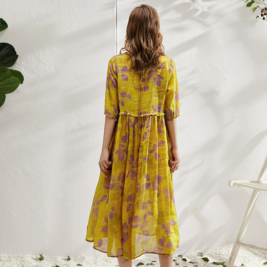 丁摩 夏季苎麻连衣裙中袖木耳花边腰系带棉麻裙子ZF002 商品图2