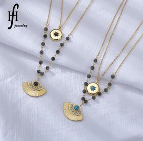 【项链】*双层绿松石镶钻扇形银杏叶项链 钛钢圆牌八芒星太阳项链