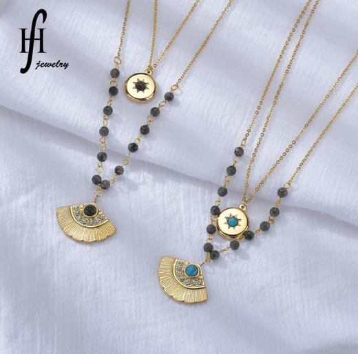 【项链】*双层绿松石镶钻扇形银杏叶项链 钛钢圆牌八芒星太阳项链 商品图0