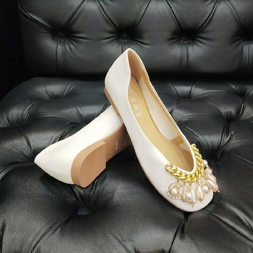 LFGJ  13001 女鞋平底仙女风真皮链条珍珠圆头瓢鞋浅口软底单鞋女 商品图6