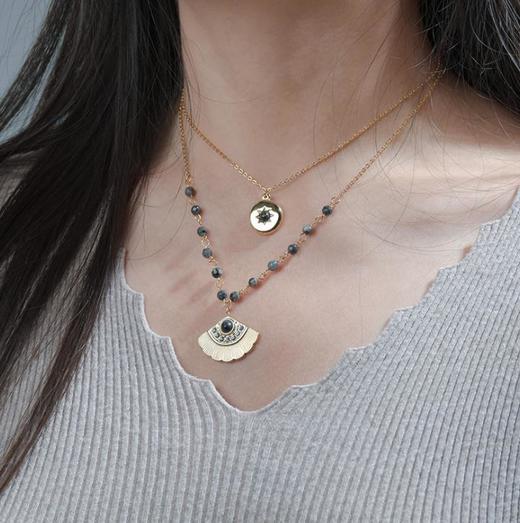 【项链】*双层绿松石镶钻扇形银杏叶项链 钛钢圆牌八芒星太阳项链 商品图2