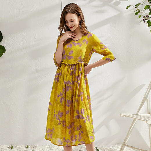 丁摩 夏季苎麻连衣裙中袖木耳花边腰系带棉麻裙子ZF002 商品图0