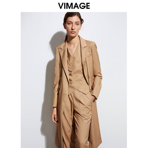 VIMAGE纬漫纪春季新款大气复古翻领显瘦收腰长款风衣外套女VA2104117 商品图5