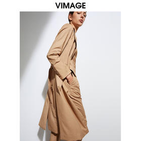 VIMAGE纬漫纪春季新款大气复古翻领显瘦收腰长款风衣外套女VA2104117