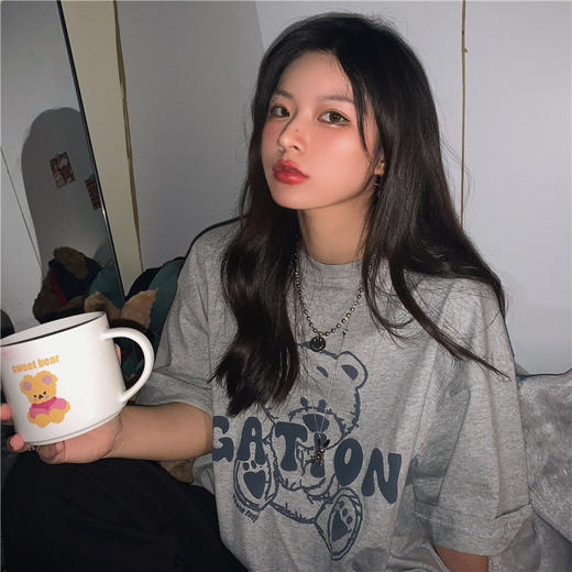 发泡小熊短袖T恤女韩版宽松上衣百搭减龄宽松短袖T恤上衣女 商品图3