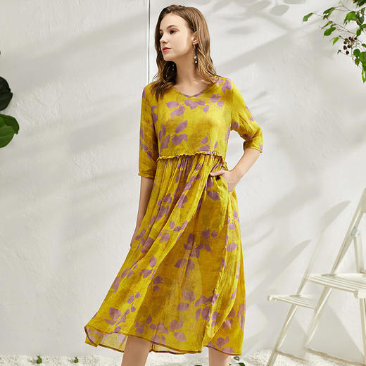 丁摩 夏季苎麻连衣裙中袖木耳花边腰系带棉麻裙子ZF002 商品图1