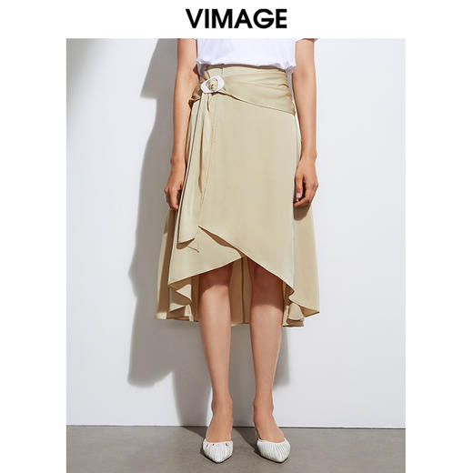 VIMAGE纬漫纪品牌女装高腰修身不规则中长裙纯色半身裙VB2106108半裙 商品图0