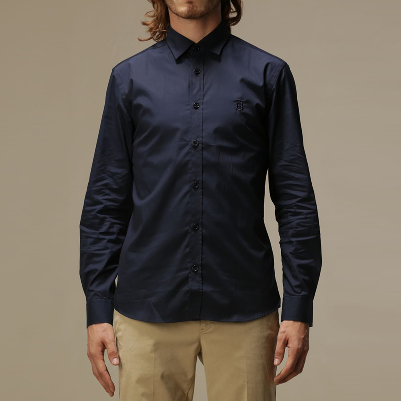BURBERRY 巴宝莉 男士修身剪裁专属标识装饰弹力棉府绸衬衫 藏蓝色 8032306 A1222