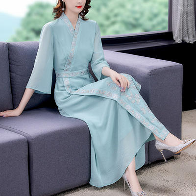AHM- yslg8510 改良版汉服连衣裙女2021夏季新款中国风旗袍重工刺绣禅意复古长裙 商品图0