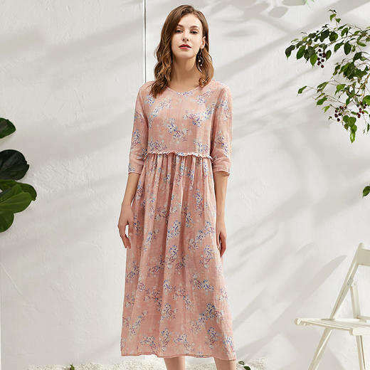 丁摩 夏季苎麻连衣裙中袖木耳花边腰系带棉麻裙子ZF002 商品图3