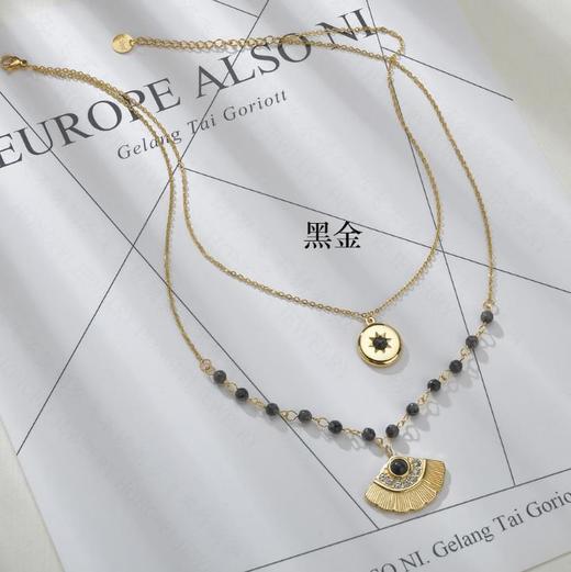 【项链】*双层绿松石镶钻扇形银杏叶项链 钛钢圆牌八芒星太阳项链 商品图3