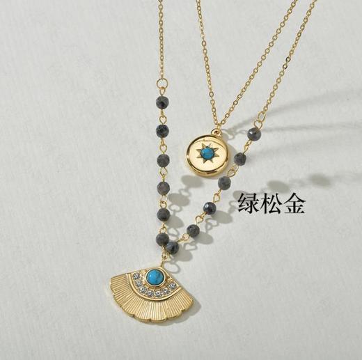 【项链】*双层绿松石镶钻扇形银杏叶项链 钛钢圆牌八芒星太阳项链 商品图4