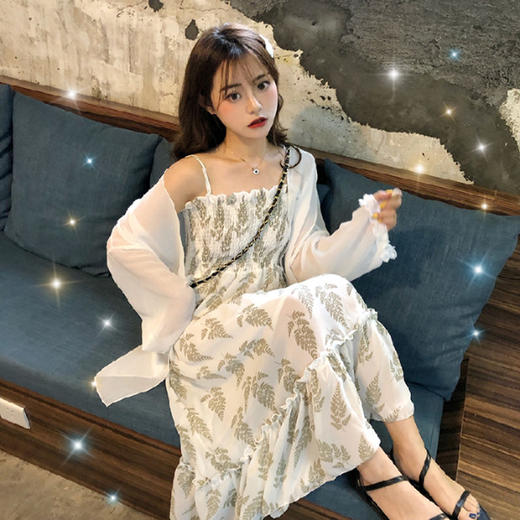 【防晒连衣裙】夏季新款防晒衣收腰显瘦碎花吊带裙超仙雪纺连衣裙学生气质仙女裙子防晒 商品图0