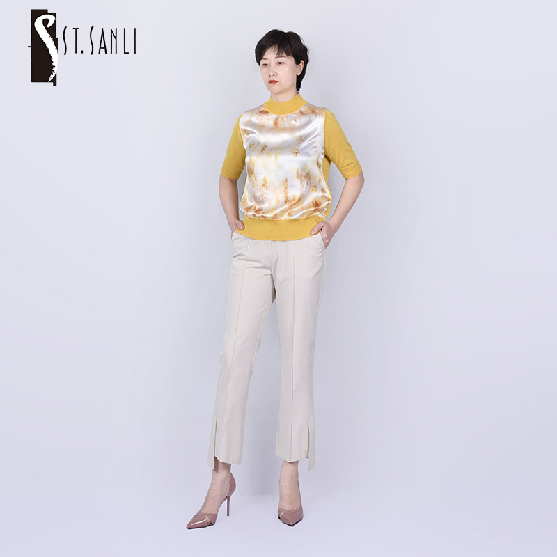 圣三利女装半高领拼接款针织衫SL121M03