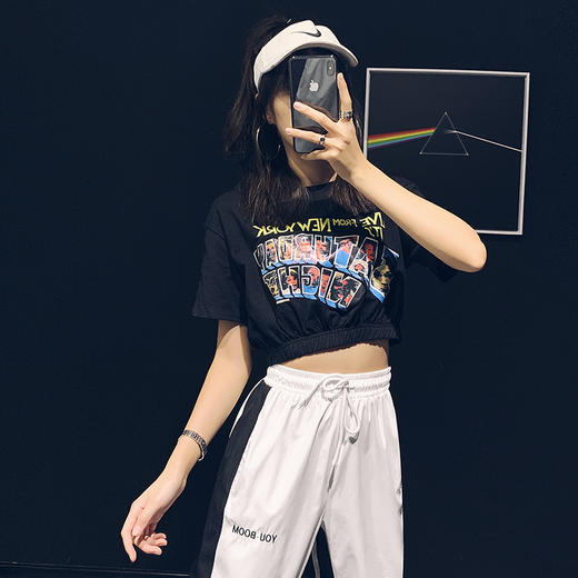 短款T恤夏新款黑色小款短袖古着感少女复古港味高腰露脐上衣 商品图0