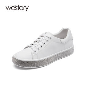 westory女鞋2021春季新款圆头牛皮平底单鞋增高小白鞋S21AM53441