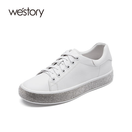 westory女鞋2021春季新款圆头牛皮平底单鞋增高小白鞋S21AM53441 商品图0