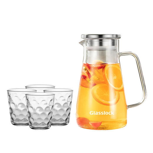 【清仓特惠6折，仅2套，无货退款】韩国Glasslock耐高温玻璃冷水壶家用冰箱大容量凉水杯凉开水壶 水具组（一壶四杯） 商品图0