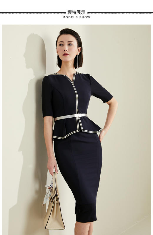 J7280142T1x5 颈袖添香春夏气质商务女装修身包臀显瘦蓝色职业工作装连衣裙 蓝色职业工作装短袖连衣裙 商品图2