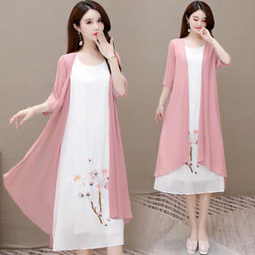 YWE  KED981927七分袖中长款外套气质绣花套裙