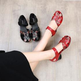 【服饰鞋包】民族风女鞋复古休闲粗跟妈妈鞋春夏广场舞鱼嘴凉鞋女