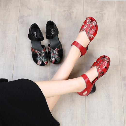 【服饰鞋包】民族风女鞋复古休闲粗跟妈妈鞋春夏广场舞鱼嘴凉鞋女 商品图0
