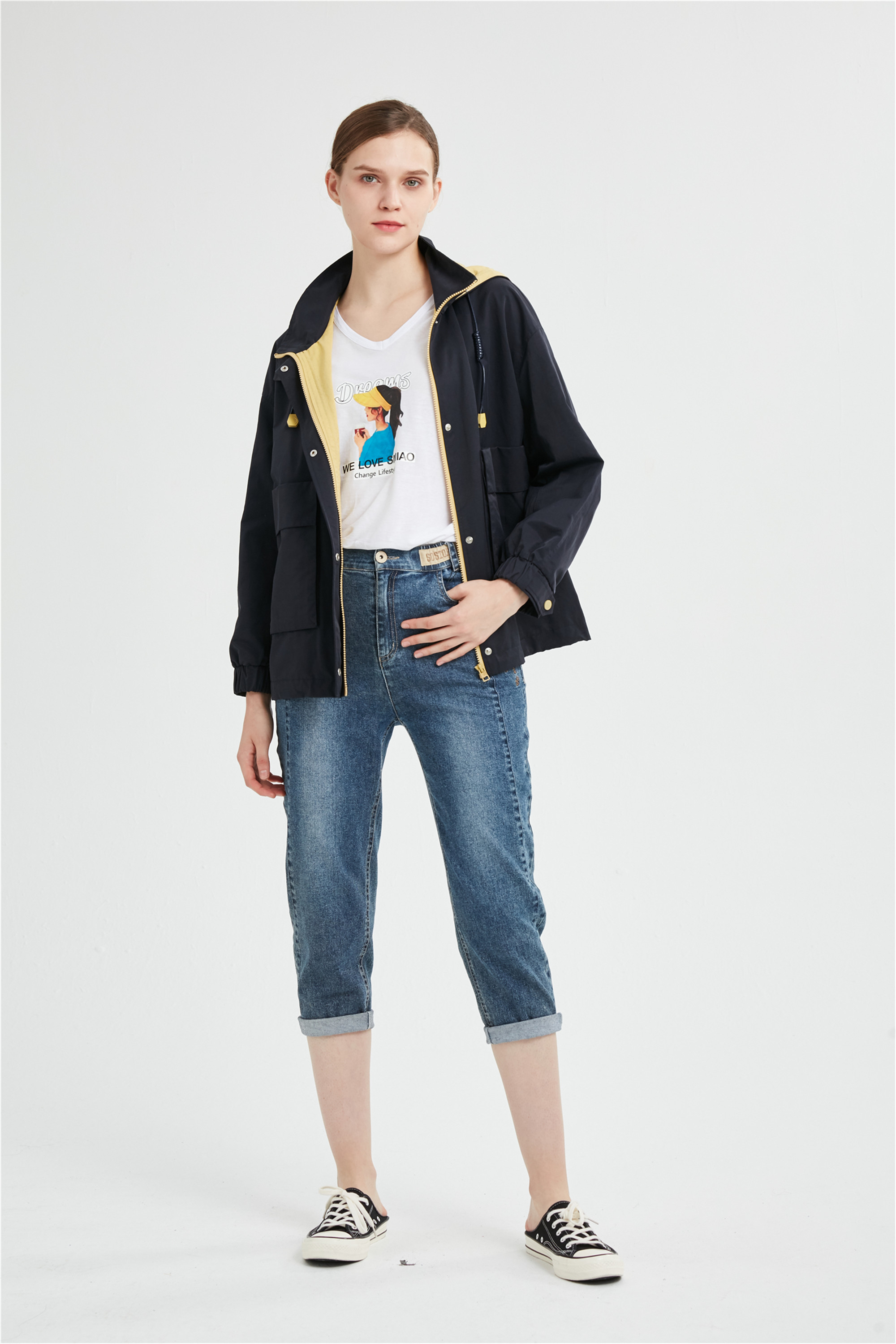 水淼2021春新款显瘦休闲连帽风衣外套有里衬9191