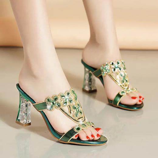 LXHX13552 2021年新款夏季粗跟高跟鞋时尚水钻外穿一字凉拖 商品图4