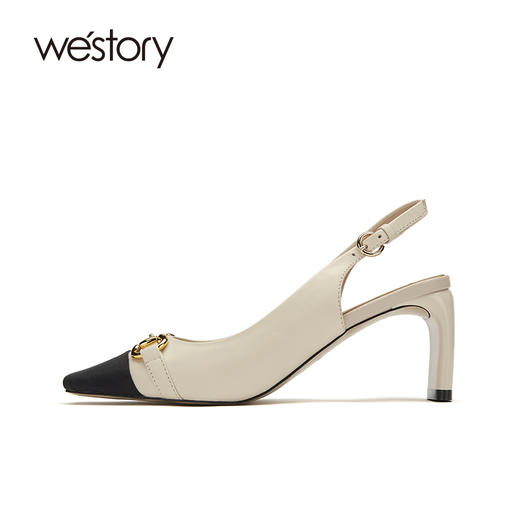 westory女鞋2021春季新款小牛皮凉鞋方头高跟后空单鞋S21AH53111 商品图1