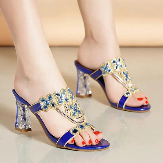 LXHX13552 2021年新款夏季粗跟高跟鞋时尚水钻外穿一字凉拖 商品图0