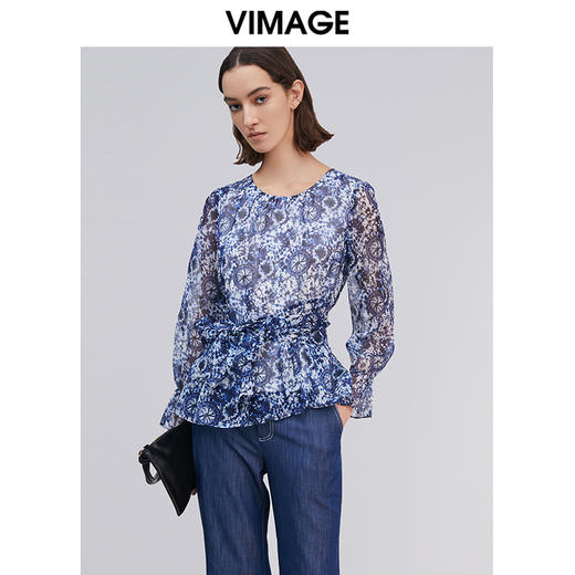 VIMAGE纬漫纪女装初春夏长袖浪漫印花修身雪纺衫小上衣V1313917 商品图3