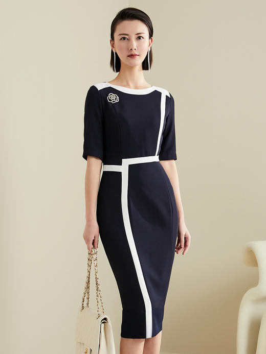 J8181975T1x5颈袖添香2021春夏新款气质包臀收腰修身OL职业正装五分袖连衣裙 气质包臀收腰显瘦修身OL职业连衣裙 商品图0