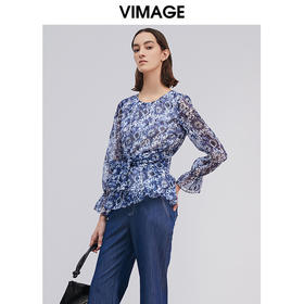 VIMAGE纬漫纪女装初春夏长袖浪漫印花修身雪纺衫小上衣V1313917
