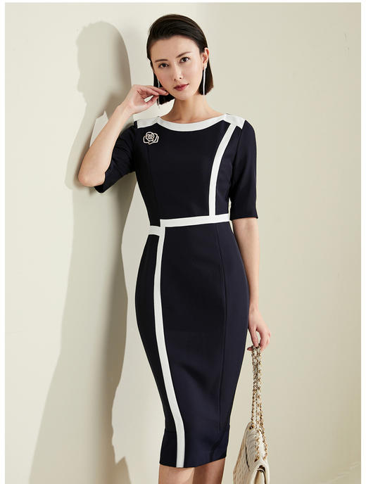 J8181975T1x5颈袖添香2021春夏新款气质包臀收腰修身OL职业正装五分袖连衣裙 气质包臀收腰显瘦修身OL职业连衣裙 商品图2