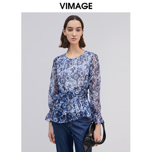 VIMAGE纬漫纪女装初春夏长袖浪漫印花修身雪纺衫小上衣V1313917 商品图2