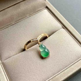 高冰种飘阳绿翡翠葫芦戒指18k黄金钻石镶嵌