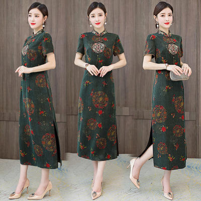 AHM- olz1818 连衣裙女2021夏季新款中式复古优雅气质妈妈装中长款裙 商品图0