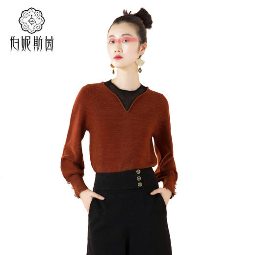 琥珀色时尚拼接泡泡袖琥珀色针织衫--修姱--浪漫觉醒《离骚》1E5281 商品图1