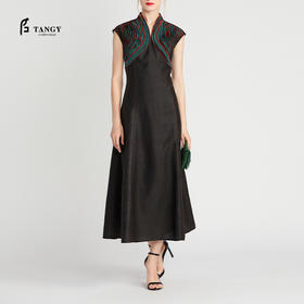 TANGY/天意精品夏季新款新中式真丝桑蚕丝拼接莨绸香云纱中长款连衣裙