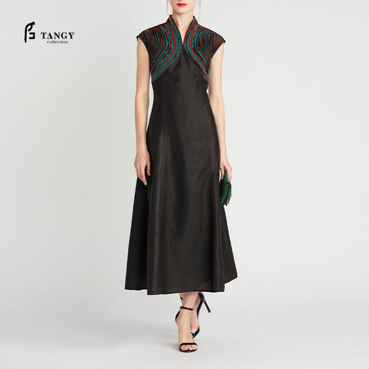 TANGY/天意精品夏季新款新中式真丝桑蚕丝拼接莨绸香云纱中长款连衣裙 商品图0