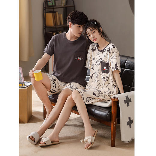 蜡笔小新情侣纯棉睡衣女夏季短袖可爱高级感睡裙家居服男套装大码 商品图1