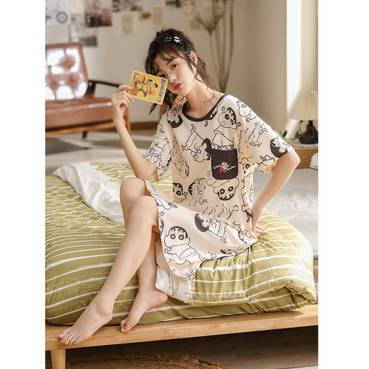 蜡笔小新情侣纯棉睡衣女夏季短袖可爱高级感睡裙家居服男套装大码 商品图3
