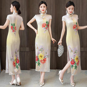 AHM  olz1803复古大码丝绸改良旗袍连衣裙