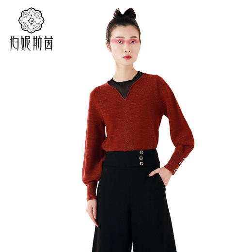 琥珀色时尚拼接泡泡袖琥珀色针织衫--修姱--浪漫觉醒《离骚》1E5281 商品图2
